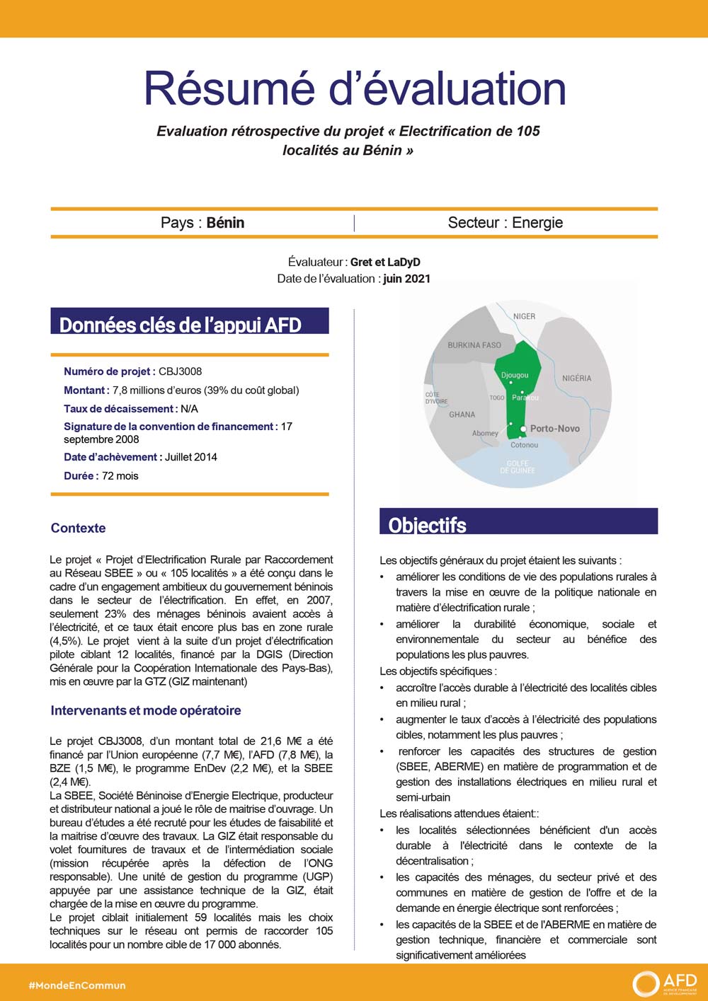 Résumé d'évaluation - Projet « Electrification de 105 localités au Bénin » CBJ3008